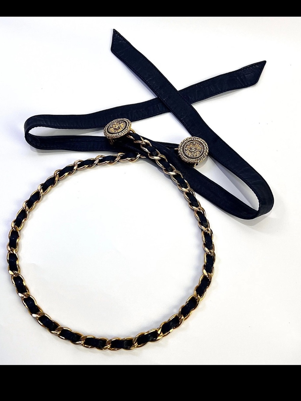 Chanel Vintage Women's Black Gold Medallion Chain Tie Belt